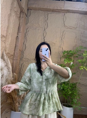 SUME素米苎麻小衫新中式手工盘花V领上衣扎染荷叶边下摆娃娃衫