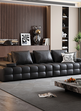 劳伦斯沙发黑色直排真皮沙发豆腐块意式极简客厅皮艺模块轻奢沙发