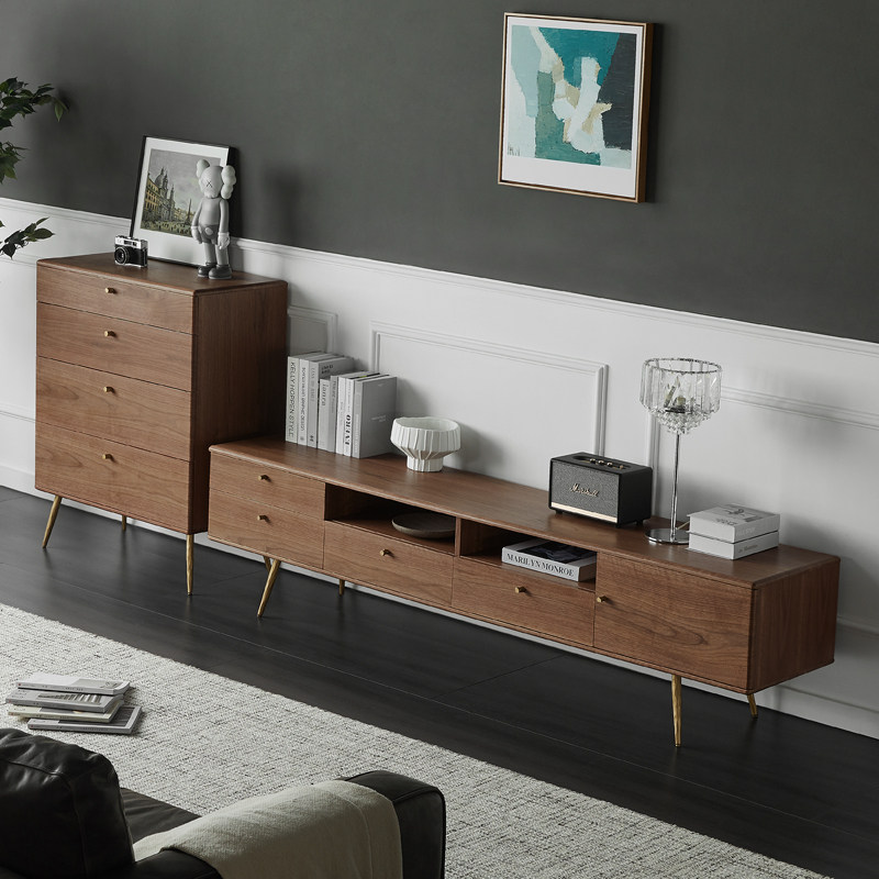 北欧轻奢复古电视柜 小户型家用现代简约胡桃木色收纳储物矮地柜