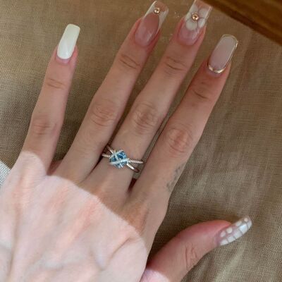 S925纯银星光结绳结蓝钻爱心戒指女款轻奢中古风高级指环甜美清新