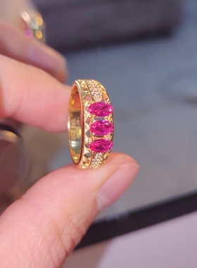 古法镶钻红宝石戒指女银镀18k金时尚简约排戒碧玺色新款礼