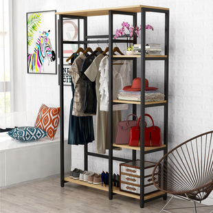 衣帽架家用简易卧室落地挂衣架子客厅简约现代创意铁艺衣柜实木质