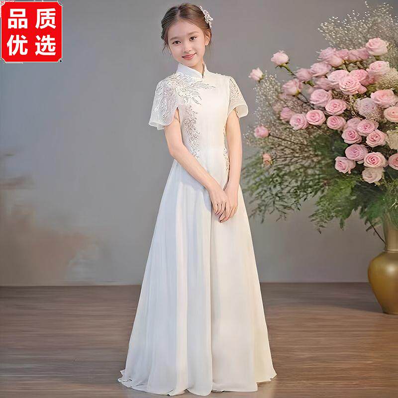 白色礼服女童夏季新中式国风钢琴演奏考级表演古筝乐器儿童演出服