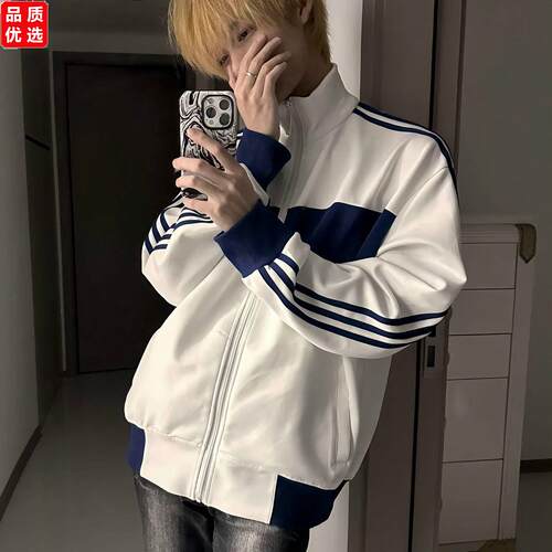 三道杠怀旧校服开衫卫衣