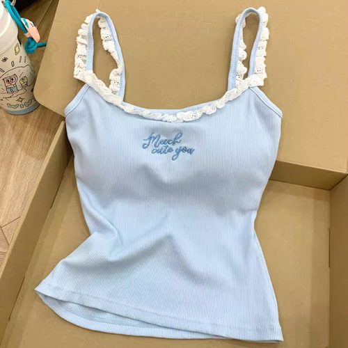 辣妹性感木耳边带胸垫吊带小背心女夏季美背抹胸短款内搭抽绳上衣