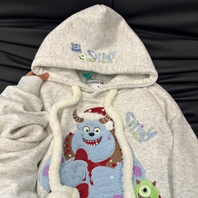 秋冬新款韩国减龄时尚毛绒卡通图案宽松大码加绒连帽卫衣女帽衫潮