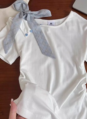 KFCAG法式绑带不规则设计感短袖t恤女春夏季露肩修身白色短款上衣