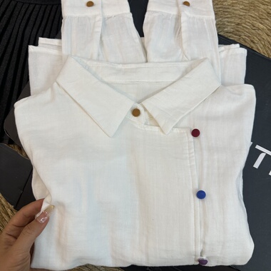 KFCAG 日系学院风白色衬衫女翻领彩色扣长袖宽松百搭减龄可爱上衣