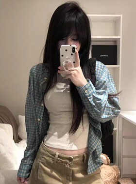 KFCAG蓝色格子衬衫外套女春季韩系慵懒宽松时尚百搭洋气衬衣上衣