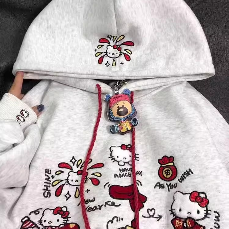新年kitty小猫刺绣连帽卫衣女秋冬季加绒加厚韩系慵懒风上衣外套