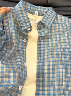 蓝色格子衬衫上衣女2025新款早春薄款慵懒风休闲宽松衬衣防晒外套