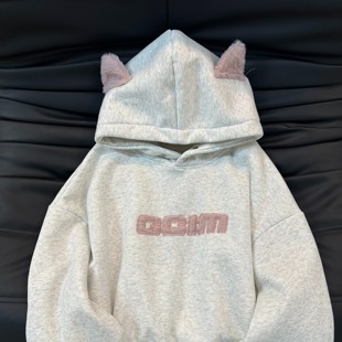 慵懒风立体耳朵毛毛字母加绒加厚连帽卫衣情侣ins宽松加绒上衣潮