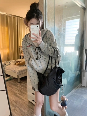 KFCAG 2024春季美式小碎花刺绣连帽卫衣开衫外套休闲男女上衣