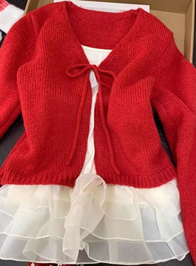 韩系chic红色系带长袖针织开衫女秋冬独特漂亮毛衣外套短款小上衣