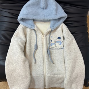 超厚羔羔绒雪人刺绣加绒加厚连帽拉链开衫 卫衣外套女宽松休闲减龄