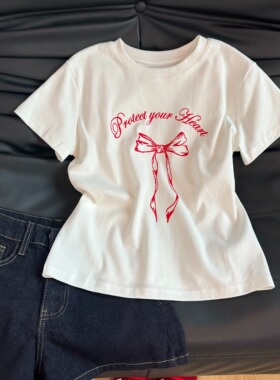 红色蝴蝶结短袖T恤女装设计感小众2025新款白黑色夏正肩漂亮上衣