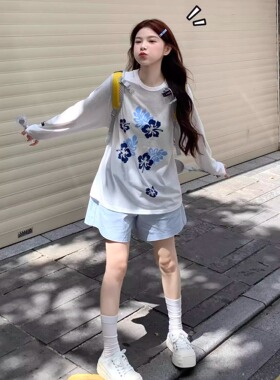 2025新款夏日ootd穿搭印花白色长袖t恤上衣女宽松薄纱款防晒罩衫