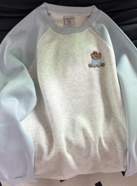 2025新款春秋款美式复古圆领卫衣撞色小熊刺绣oversize宽松小个子