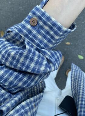 KFCAG 自制上衣设计感2024新款衬衣文艺蓝色格子衬衫外套女夏季