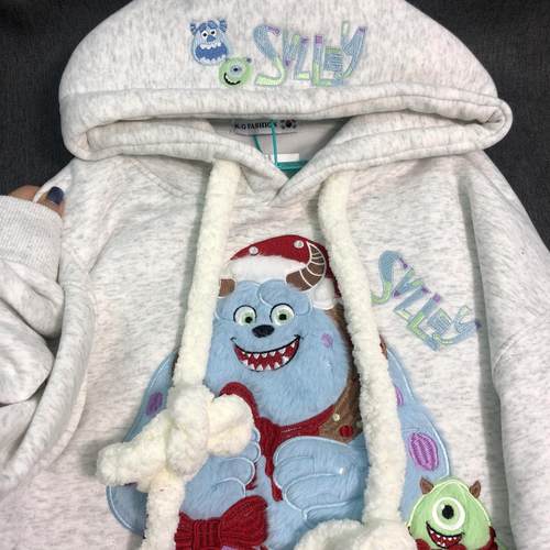 KFCAG秋冬季新款小怪兽植绒刺绣重磅加绒加厚减龄学院风圆领卫衣