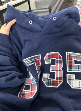 美式街头潮牌oversize格子刺绣数字宽松套头连帽加绒卫衣男女帽衫