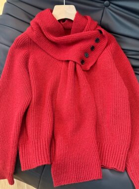 韩系设计感独特漂亮红色毛衣女秋冬高级感软糯套头慵懒风针织上衣