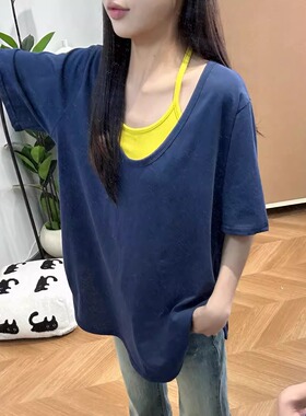 韩国东大门25夏季新款宽松V领短袖T恤+内搭挂脖吊带背心两件套女