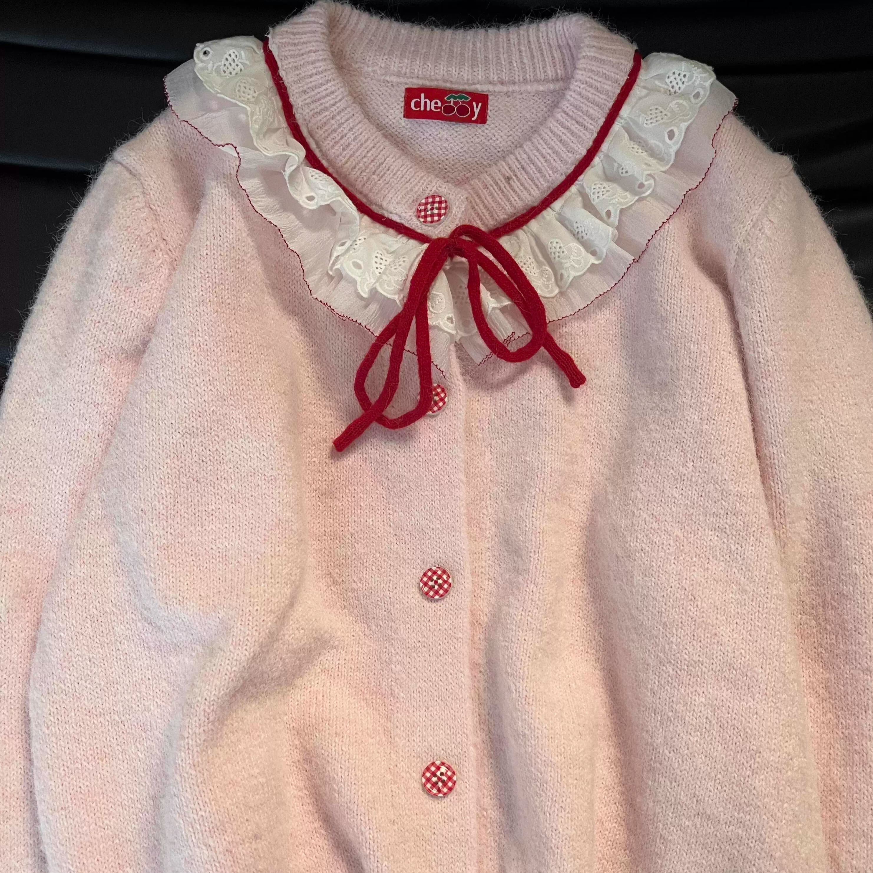 韩系甜美蕾丝领绑带针织开衫