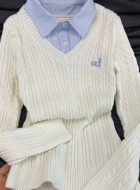 KFCAG韩系假两件衬衫领麻花毛衣女白色高级感小个子早春针织衫女