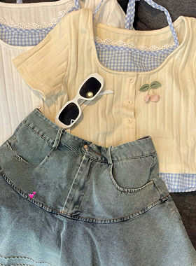 蓝色蕾丝假两件纯欲短袖t恤女夏韩系正肩修身短款设计感小众上衣