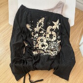 KFCAG美式 抽绳宽松显瘦上衣 T恤女秋季 复古涂鸦假两件露肩长袖 罩衫