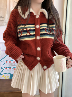 2024年春季新款红色POLO领毛衣女龙年新年复古印花撞色上衣