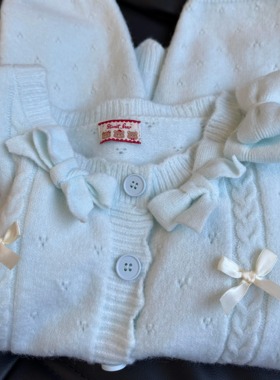 KFCAG 蓝色蝴蝶结圆领毛衣女秋季气质甜美设计感小个子开衫上衣