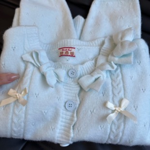 KFCAG 蓝色蝴蝶结圆领毛衣女秋季气质甜美设计感小个子开衫上衣