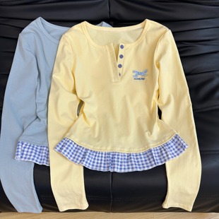 嫩黄色长袖t恤女春季假两件格子一字肩修身正肩韩系chic别致上衣