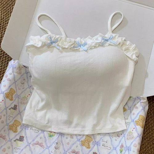 纯欲bm风温柔蝴蝶结蕾丝边带胸垫吊带背心女装夏季内搭打底小上衣