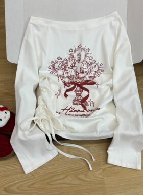 甜辣妹涂鸦印花白色斜露肩长袖厚实t恤女秋季设计感小众抽绳上衣