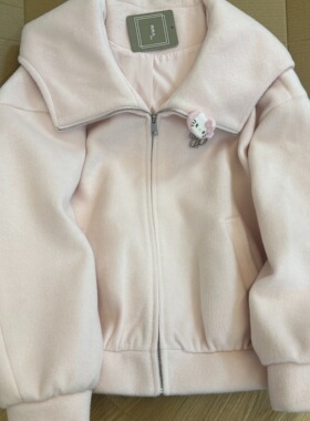 秋冬韩系甜美粉色毛呢外套小香风少女感学院风大翻领连帽长袖上衣