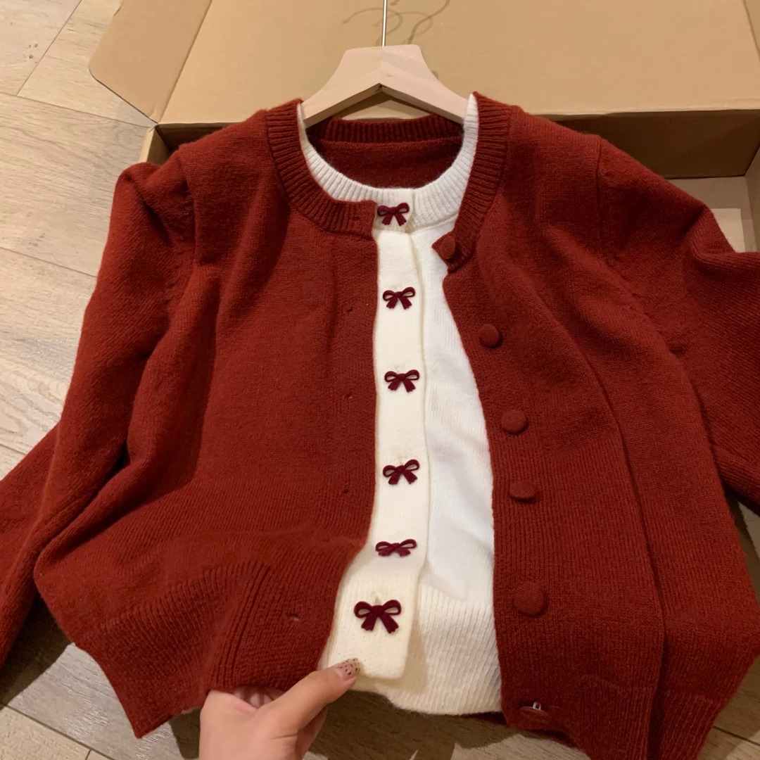 韩系蝴蝶结红色假两件开衫毛衣女秋冬2025新款松弛感慵懒风针织衫