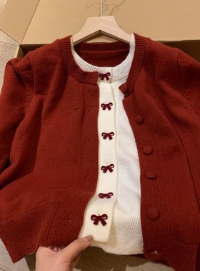 韩系蝴蝶结红色假两件开衫毛衣女秋冬2025新款松弛感慵懒风针织衫