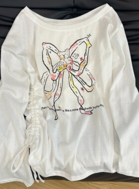 KFCAG甜酷风蝴蝶小熊薄款微透防晒长袖罩衫设计感斜肩白色上衣夏