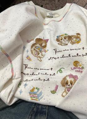 2025秋季新品圆领套头刺绣狗狗款休闲宽松韩版卫衣女上衣学生