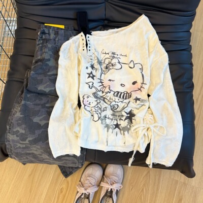 甜酷y2k猫咪印花长袖女秋季新款宽松显瘦小众抽绳设计感露肩上衣