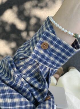 2024新款宽松休闲早秋外套美式复古蓝色格子衬衫女装百搭气质上衣