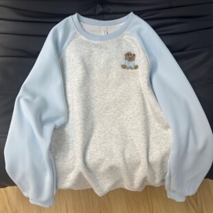 美式 撞色小熊刺绣oversize宽松百搭小个子上衣 复古圆领卫衣女秋季