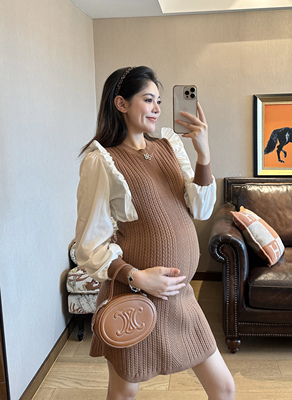 孕妇装早秋拼色长袖毛衣连衣裙