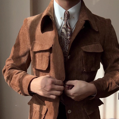 秋冬新款那不勒斯复古磨毛保暖中长款外套男韩版修身口袋游猎夹克
