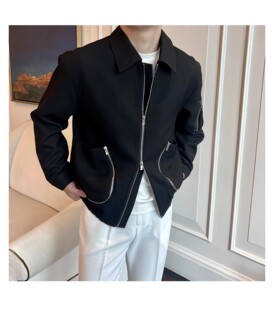 翻领夹克男韩版 日系拉链自制个性 新款 外套帅 时尚 短款 复古薄款 春季