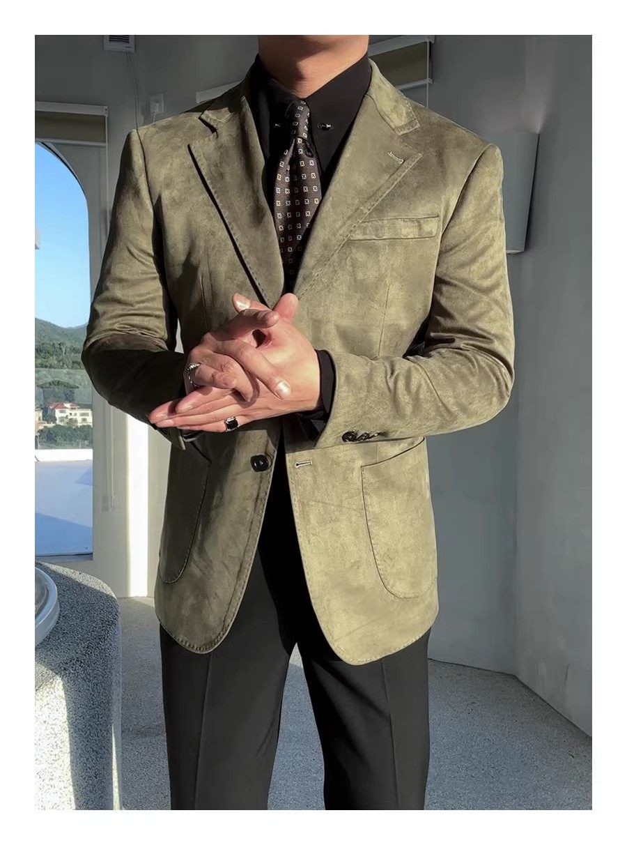 2025秋冬新款英伦复古麂皮绒单排西服男韩版修身纯色高定时尚单西