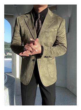 2025秋冬新款英伦复古麂皮绒单排西服男韩版修身纯色高定时尚单西